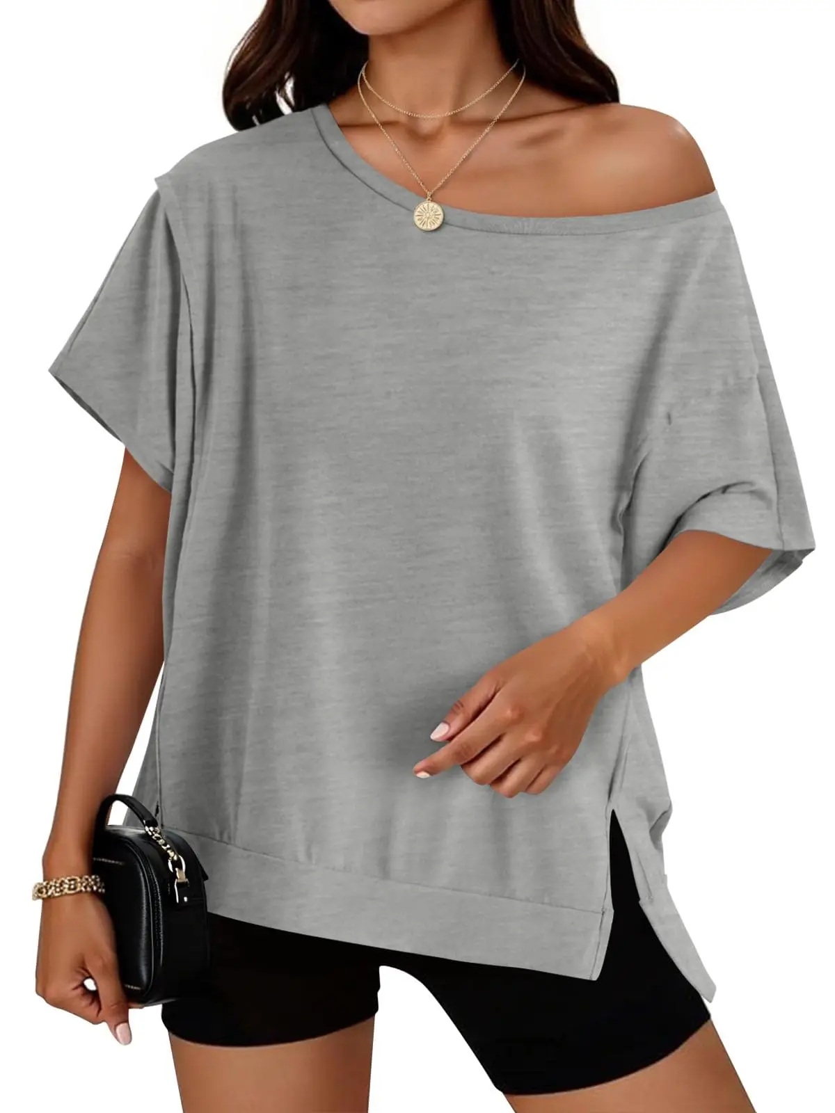 Yousify Womens Oversized Off Shoulder Tops, Casual Batwing Short Sleeve T-Shirt with Side Slits, Comfy Baggy Fit for Summer Vacation, Tshirt, T Shirts For Women, Comfy Casual, Lady, Oversized Cut