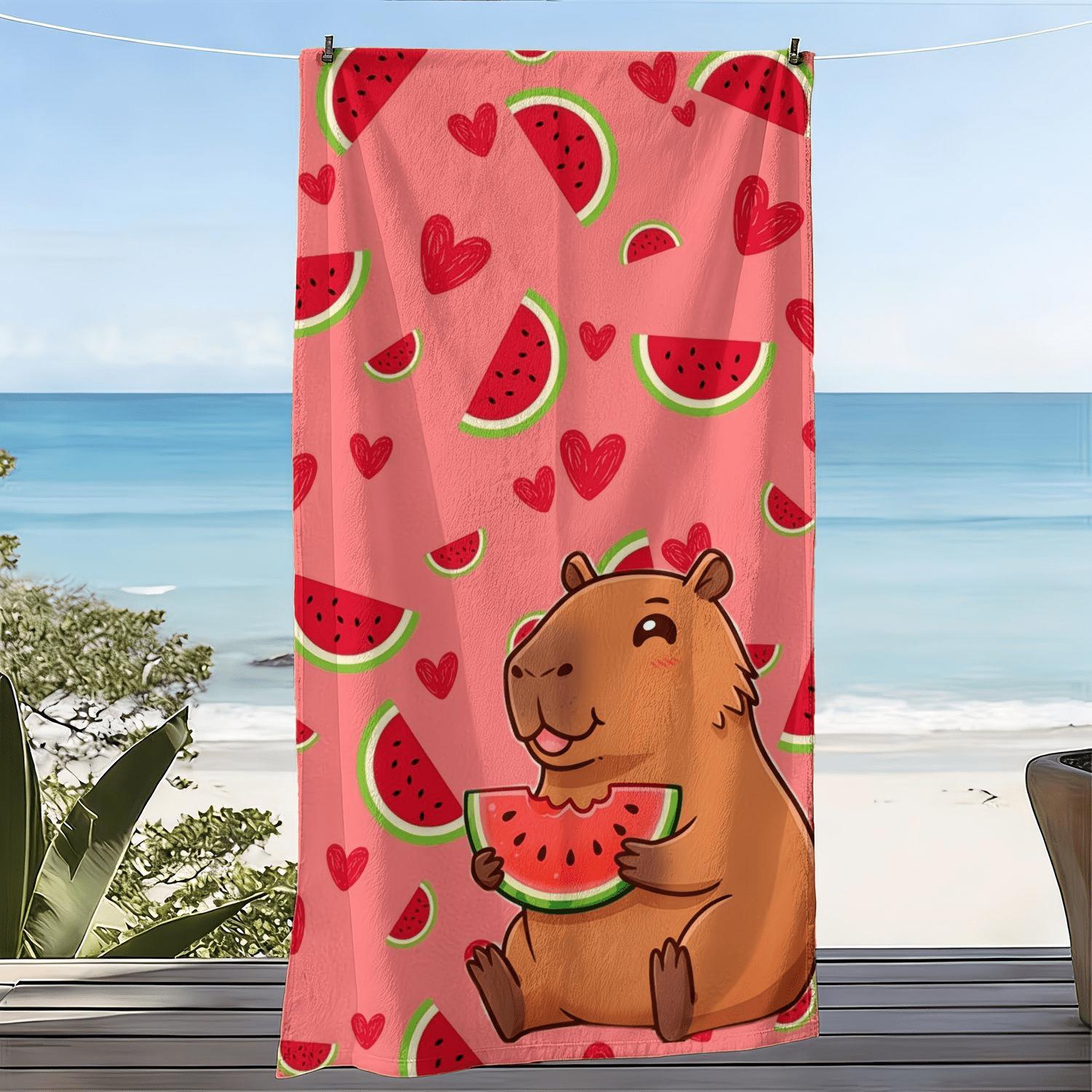 [Perfect for Friends & Holidays] 1pc Capybara Beach Towel | Oversized, Soft, Quick-Dry & Super Absorbent Microfiber | Watermelon & Heart Print, Ideal for Pool, Picnic, Summer Vacation, Gift