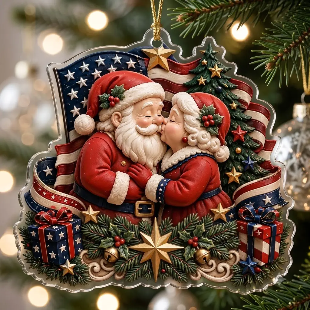 Santa Claus 250th Anniversary U.S. Independence Day Acrylic Ornament, Patriotic Christmas Tree Decoration, America 250 Celebration Keepsake, USA Liberty Holiday Gift, Red White Blue Acrylic Hanging Decor