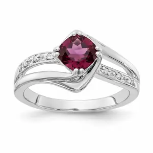 Sterling Silver Cushion Rhodolite Garnet and Diamond Ring Size 7