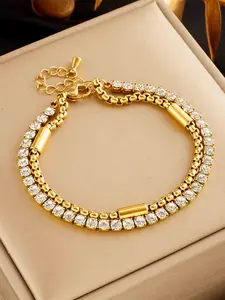 Vintage Zircon Stainless Steel Double Layer Bracelet, Simple Design Women's Fashion Accessory, Daily Party Vacation Unique Hand Chain