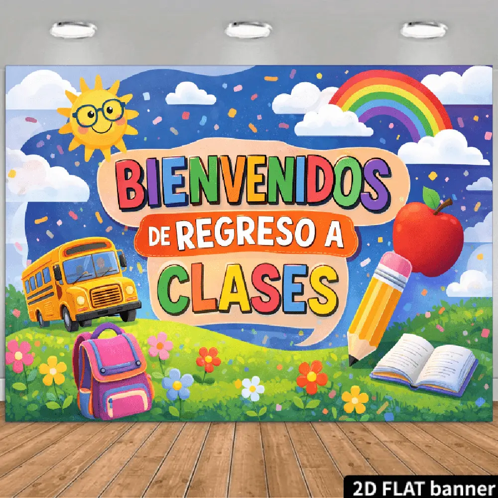 2D Flat Banner Polyester Photography Backdrop, HD Digitally Printed Soft Lightweight Foldable Background Cloth, featuring a vibrant "Welcome Back to School" theme with a yellow school bus, smiling sun, rainbow, and various school