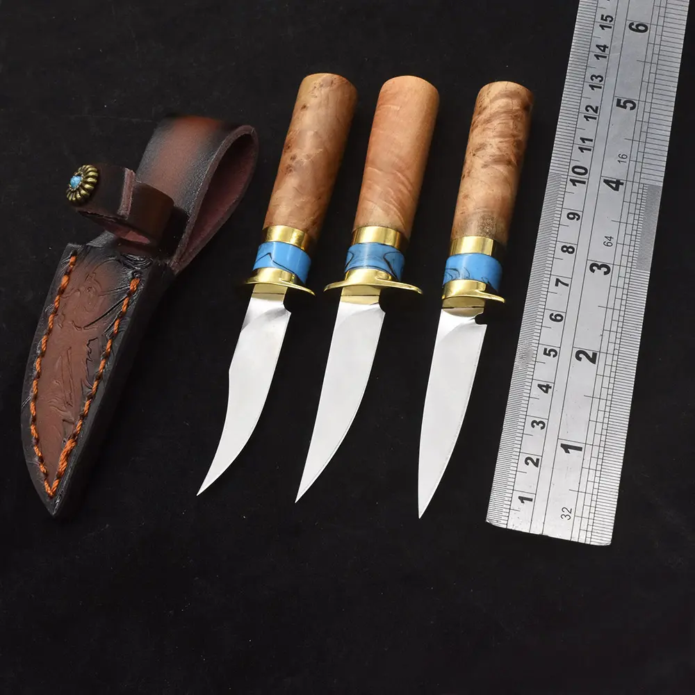 1 pcs. Mini M390 Steel Fixed Blade Knife with Leather Sheath, White Shadow Wood Handle, Multi-purpose Portable Tool for Outdoor Camping Hiking Fishing, Parcel Opening & Fruit Peeling
