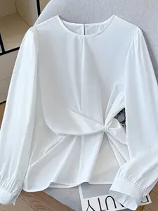 Spring New Trendy Fashion Design Unique Round Neck Asymmetrical Waist Long Sleeve Shirt for Women, Stylish and Comfortable Ladies Top