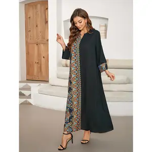 Women's Elegant Paisley Print Maxi Kaftan Dress - Black & Golden, Polyester, Comfortable, Machine Washable, Perfect for Spring/Summer/Fall