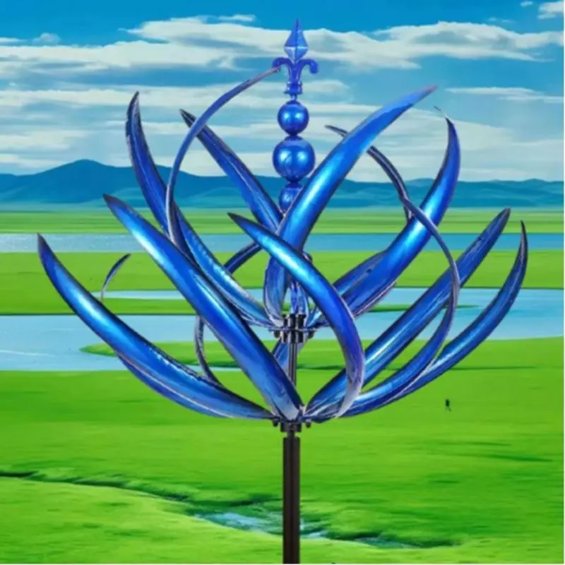 Outdoor Garden Metal Wind Spinner Sculpture, Garden Sculptures Statues, Rotating Iron Art Windmill with Vibrant Wildflower Field and Mountain Landscape Design, Garden Sculptures And Decor