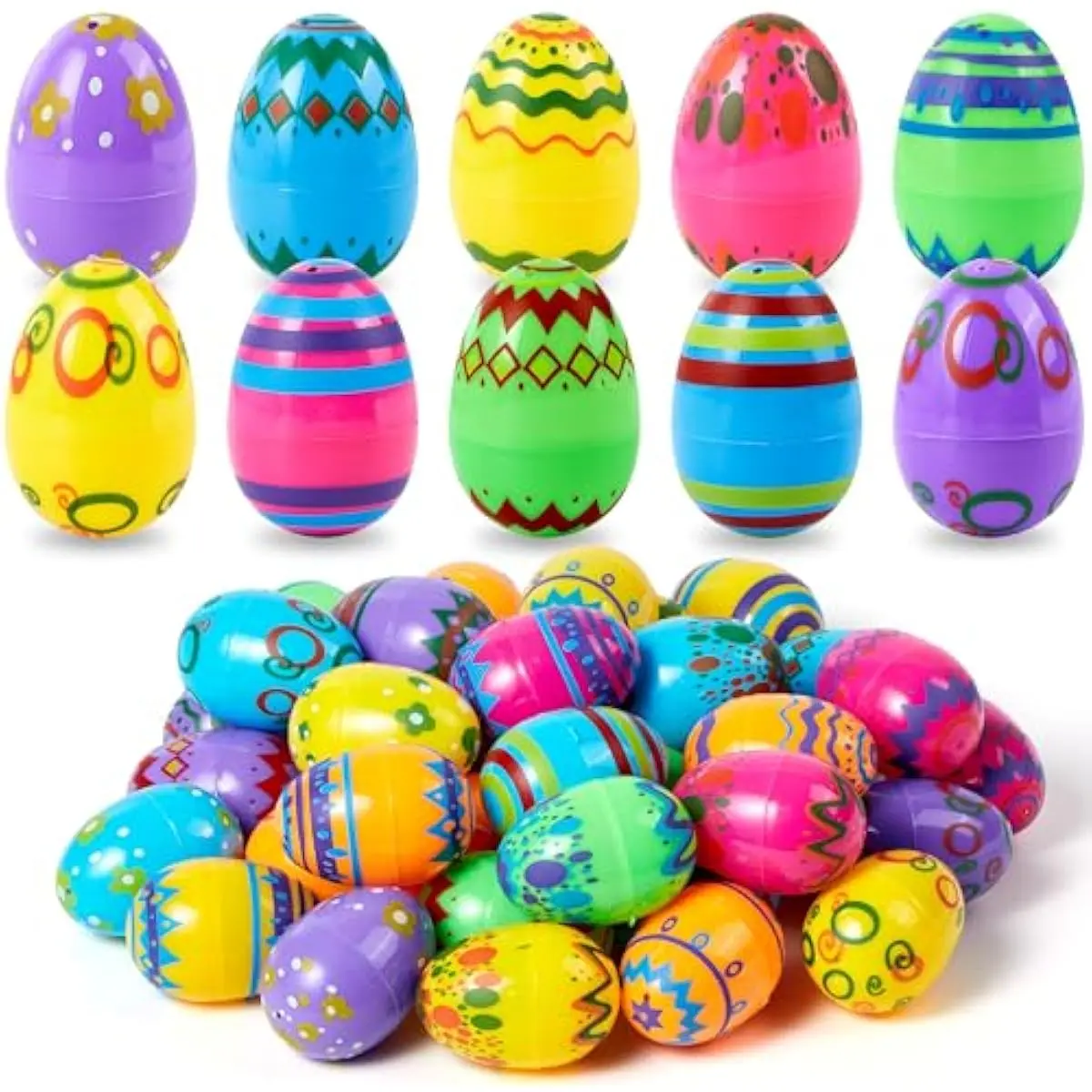 24PCS 2.3" Printed Empty Colorful Plastic Eggs Fillable, Bright Plastic Eggs Bulks for Festival Hunt, Filling Treats, Party Favor, Basket Stuffers, Classroom Prize Supplies