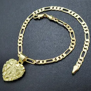 14K Gold Plated Brass Golden Nugget Heart Pendant & 4mm 20" 24" Figaro Necklace for Daily Birthday Engagement Wedding Anniversary Unisex Men Women