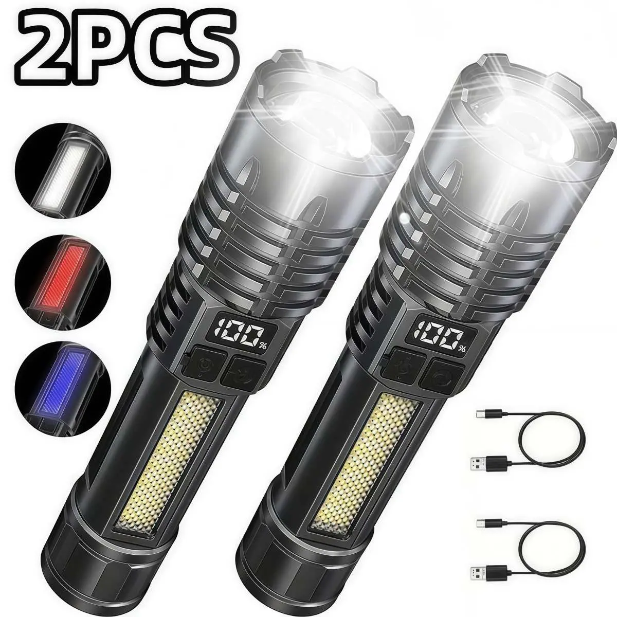 2/4 PCS Rechargeable LED Flashlights, Handheld Zoomable Lights with 5 Modes, COB Side Light, Strobe Mode, Digital Power Display, Adjustable Brightness for Outdoor Camping & Emergency Signaling, Usb Rechargeable, Adjust Brightness