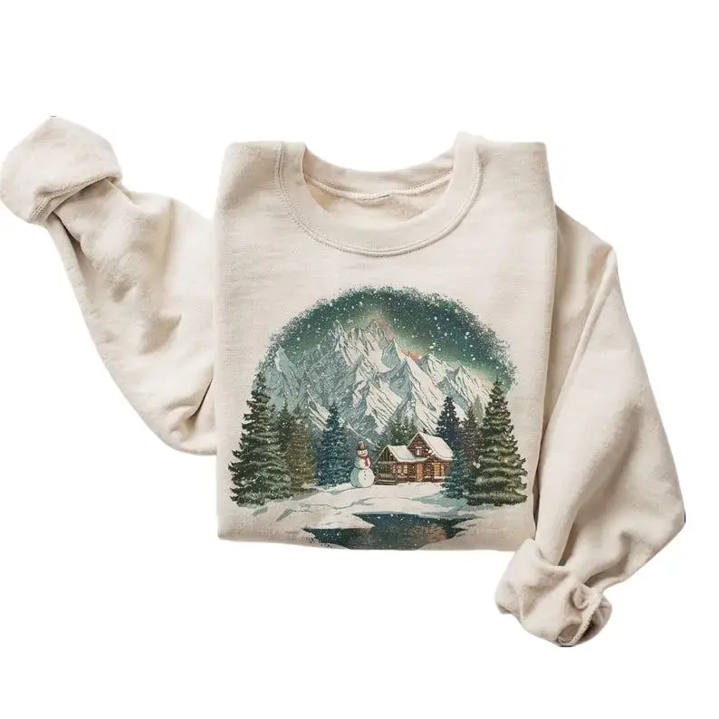 Retro 90s Christmas Sweatshirt with Northern Lights & Snowman Graphic, Unisex Casual Round Neck Long Sleeve Cotton Blend Pullover