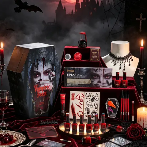 Beetles Halloween Vampiric Feast Limited Edition Gothic Manicure Gift Set, Hema-Free Gel Polish Collection with Tipex Lite Fake Nails, UV Lamp Cure Tool & Nail Art Essentials for Vampiric Theme Use