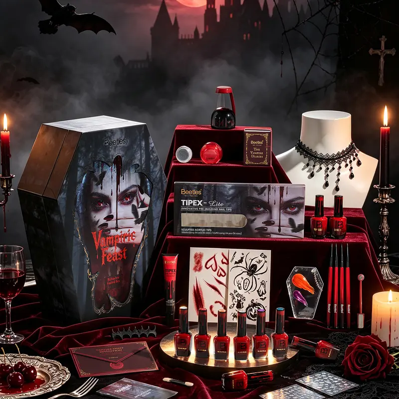 Beetles Halloween Vampiric Feast Limited Edition Gothic Manicure Gift Set, Hema-Free Gel Polish Collection with Tipex Lite Fake Nails, UV Lamp Cure Tool & Nail Art Essentials for Vampiric Theme Use
