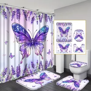 1/4pc Purple Lavender Butterfly Floral Shower Curtain Set, includes non-slip mat, U-shaped rug, and toilet seat cover. Perfect for bathroom decoration, partitioning, and beautifying the space. Comes with 12 shower curtain hooks.