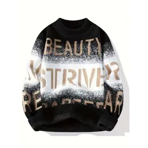 1pc Men'S Premium Thick Warm Fall/Winter Pullover Sweater, 40% Polyester 60% Polyamide, Alphabet Pattern, Crew Neck, Long Sleeve, Rib-Knit, Slight Stretch, Casual Skinny Fit, Knit Fabric, Anti-Pilling Warm Top