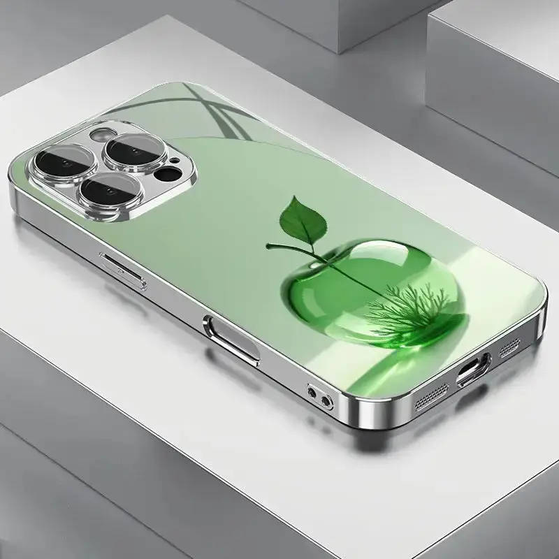 A stylish electroplated glass phone case with green crystal apple design and lens protection, suitable for iPhone 17 to 11 series - complete anti-drop tempered glass cover, phone accessory