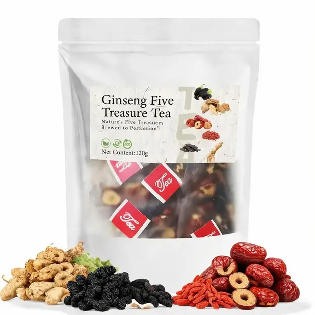 Ginseng Five Treasures Tea, Organic Kidney Cleansing Tea, Natural Herbal Formula, Red Date Goji Berry Men's Daily Tea | Té Herbal Depurador para Hombres