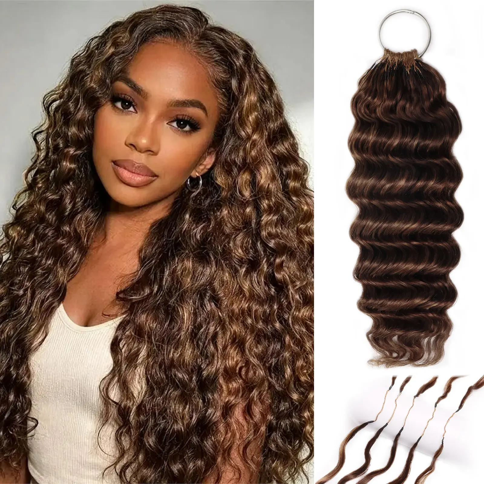 Women's Pre-Looped Feather Crochet Human Hair Extensions, 14"/16", 50G, 100 Strands, Invisible Pre-Separated Deep Curly Water Wave, Natural Look, Lightweight for Everyday Wear, Colors 1B, #613, #27, #P4/30 & #P4/27