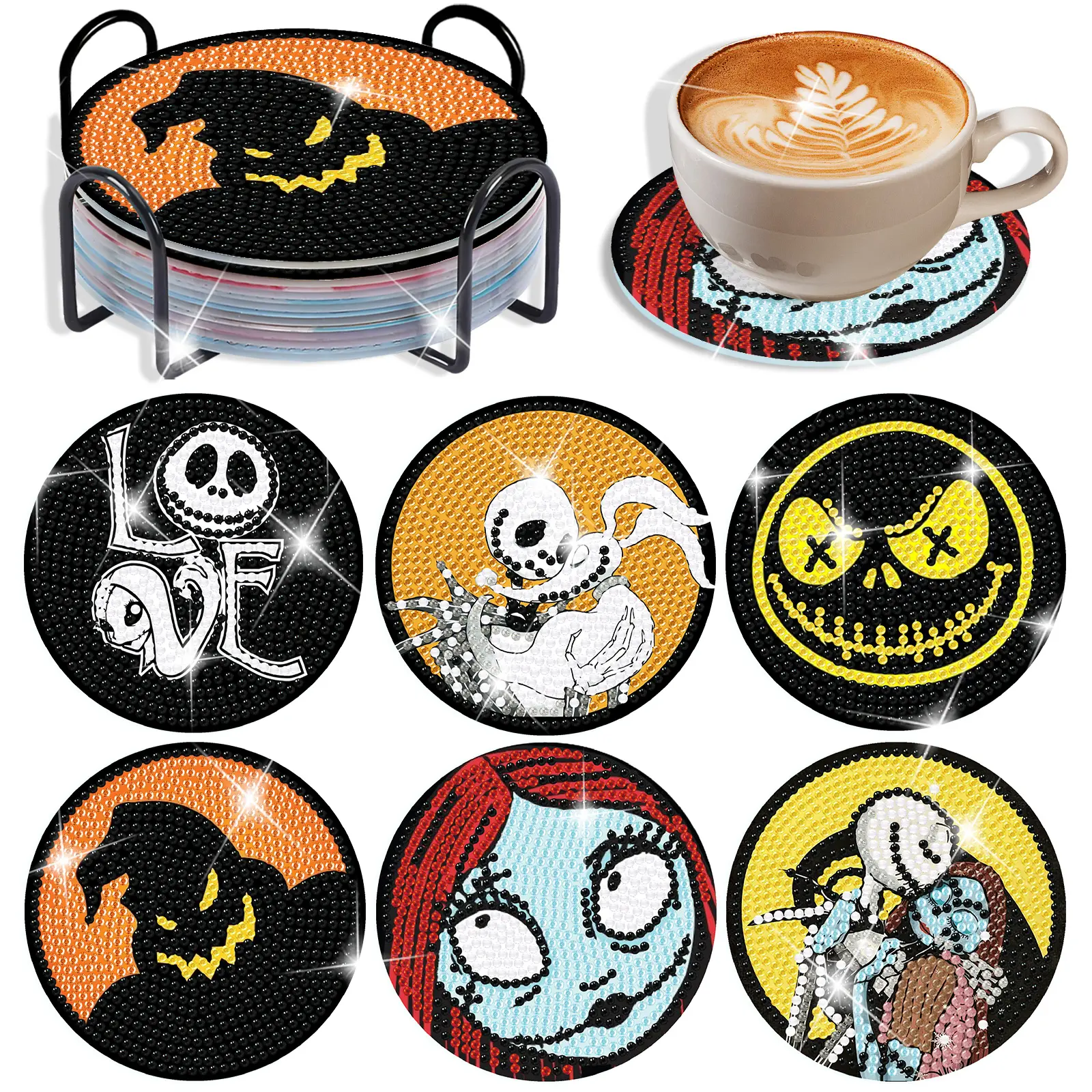 6-Piece DIY Diamond Painting Coaster Kit, Halloween Festive 5D Diamond Art Crafts Kit, includes storage rack, cork mat, and tool bag, suitable for adults.