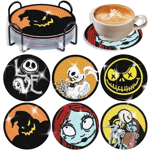 6-Piece DIY Diamond Painting Coaster Kit, Halloween 5D Diamond Art Kit, includes storage rack, cork mat, and tool bag, suitable for adults.