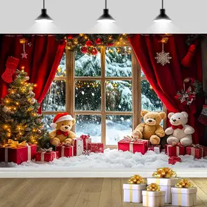 Christmas and New Year Tapestry Backdrop - Winter Snowscape with Christmas Tree, Window and Bear, Polyester Party Backdrop, Suitable for Weddings, Birthdays, Holidays and Anniversaries