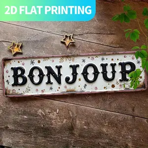 2D Flat, 1pc Vintage French Bon Jour Metal Wall Decor - Large 15.7x3.9 Inch Farmhouse Kitchen Sign with Floral accents, Pre-Drilled Holes for Easy Hanging - RusticBonjour Plaque for Home, Cafe, or Housewarming Gifts - Durable Aluminum Decoration, Retro De