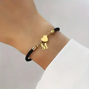 Women's Adjustable Black Rope A-Z Letter Heart Charm Bracelet, Personalized Fashion Jewelry Accessories, Simple Versatile Gift Choice