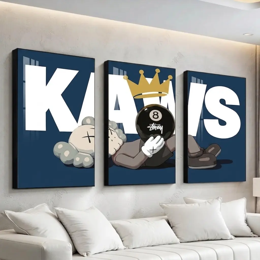 Set of 3 KAWS Unframed Wall Art Prints - Navy Blue Companian with Crown & 8 Ball.