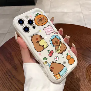 Cream Cute Cartoon Capybara Pattern Curly Wave Frame Phone Case for iPhone 16 15 14 Pro Max 13 12 11 XR XS Plus Shockproof Non Slip Military-Grade Protection Silicone Cover Cellphone Casing
