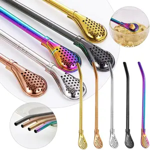 Stainless Steel Spoon Straws 4-Piece Set with Filter Reusable Drinking Straws with Cleaning Brush Eco-Friendly Versatile for Parties Daily Use
