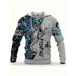 Men’s casual hooded sweatshirt with a fishing pattern 3D print—a comfortable gift for all seasons, ideal as an outfit piece or for everyday wear.