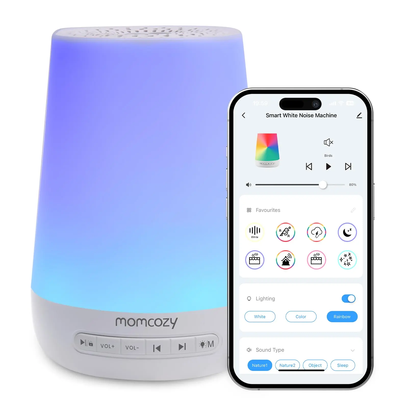Baby Sound Machine Momcozy Noise Sleep Machine with Night Light, Toddler Sleep Trainer, 34 Soothing Sounds, Timer, APP Remote (blue)