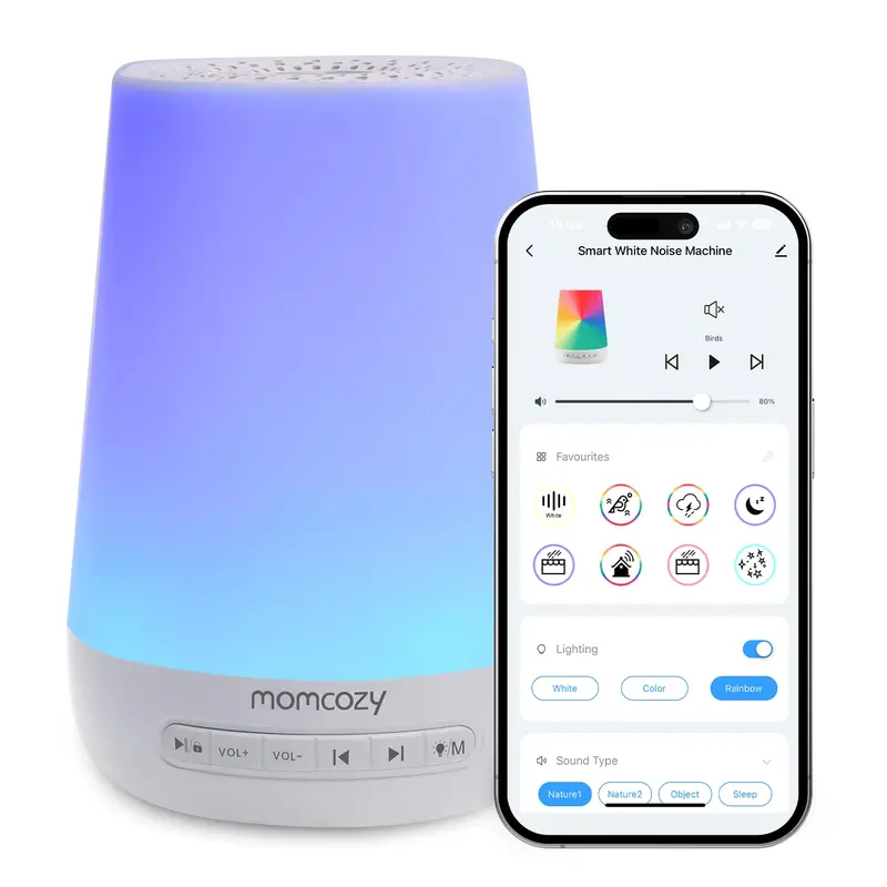 Baby Sound Machine Momcozy Noise Sleep Machine with Night Light, Toddler Sleep Trainer, 34 Soothing Sounds, Timer, APP Remote (blue)