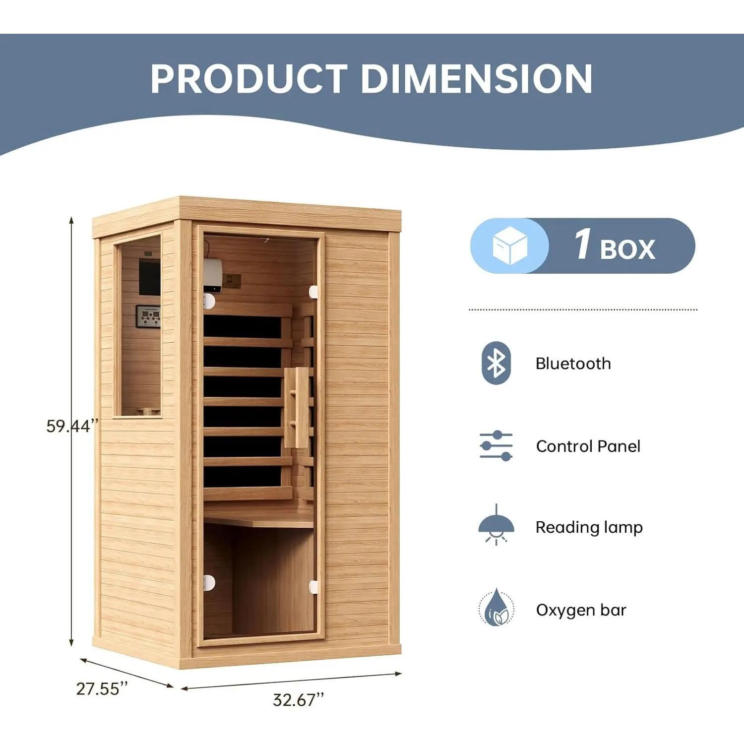 Aoxun Adult 1-Person Canadian Hemlock Wooden Sauna - 850W 120V Indoor Home Natural Look Relaxation Spa, Low-EMF Wellness, Bluetooth Speakers, Control Panel, Half Glass Design, Assembly Required