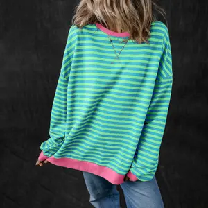 Sky Blue Stripe Oversized Contrast Trim Pullover Sweatshirt