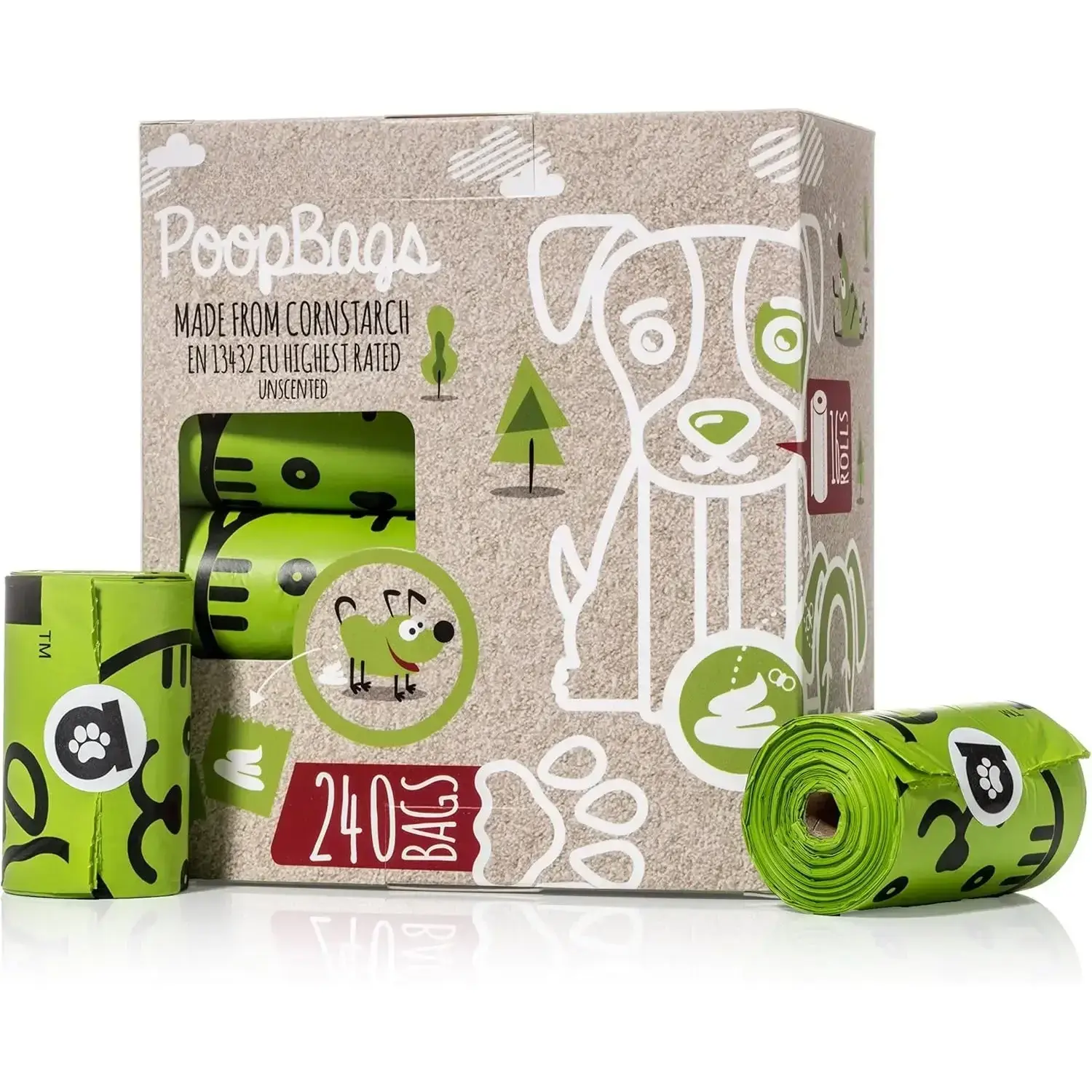 Certified Compostable Cornstarch Dog Poop Bags - Home Composting (NF T 51-800), 240-Count, 16 Unscented Refill Rolls, 9x13 in Large Leakproof Plant-Based GM-Free Bags (Made from Cornstarch)