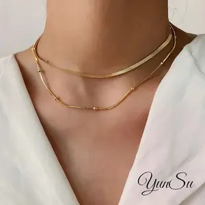 YunSu Classic Fashion New Stainless Steel Necklace 18K Gold Waterproof Stacked Double Layer Women's Necklace Cuban Link Chain