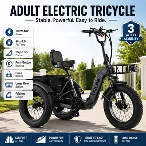 Elon Electric Tricycle for Adults 500W 48V Folding Electric Trike, 20x4.0 Fat Tire 3 Wheel Ebike with Step Thru Aluminum Frame, Push Button Reverse, Large Basket for Women Men, Commuter Shopping Leisure Ride