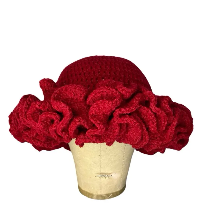 Ruffled Bucket Hat - Red, Crochet Design, Soft Fabric, Versatile Styling Accessory