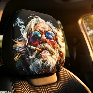 Gothic Cool Old Man Smoking Car Headrest Covers 2 Pcs, Spooky Double Sided Printed Stretchable Pillow Sleeves, Stylish Interior Decoration Fits Most Vehicles for Daily Road Trip Use
