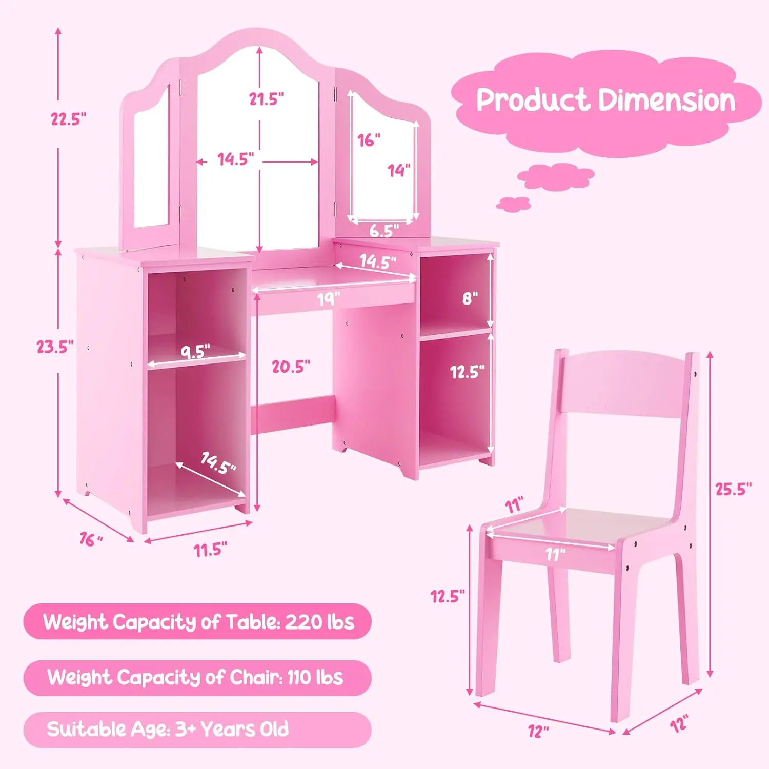 Vanity Table and Chair Set, Pink