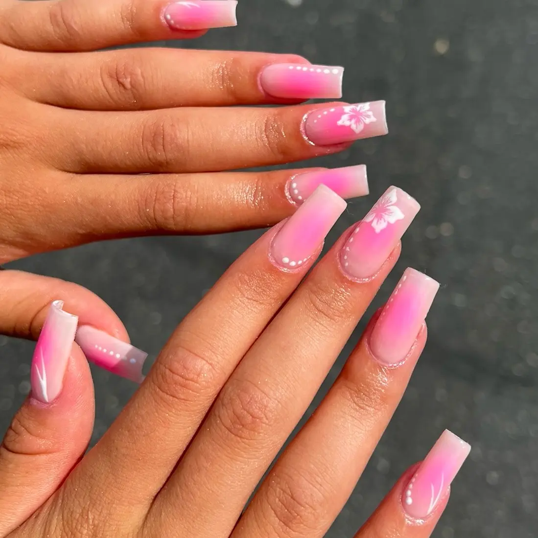 Pink Summertime Nails Airbrush with Hibiscus Flowers - Nail Art and Nail Care