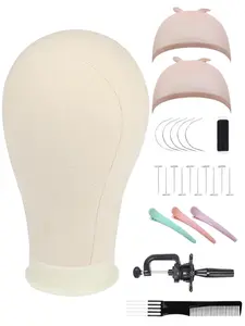 22Inch Canvas Block Head Professional Mannequin Canvas Head for Making, Drying,Styling Wigs with Table Clamp Stand