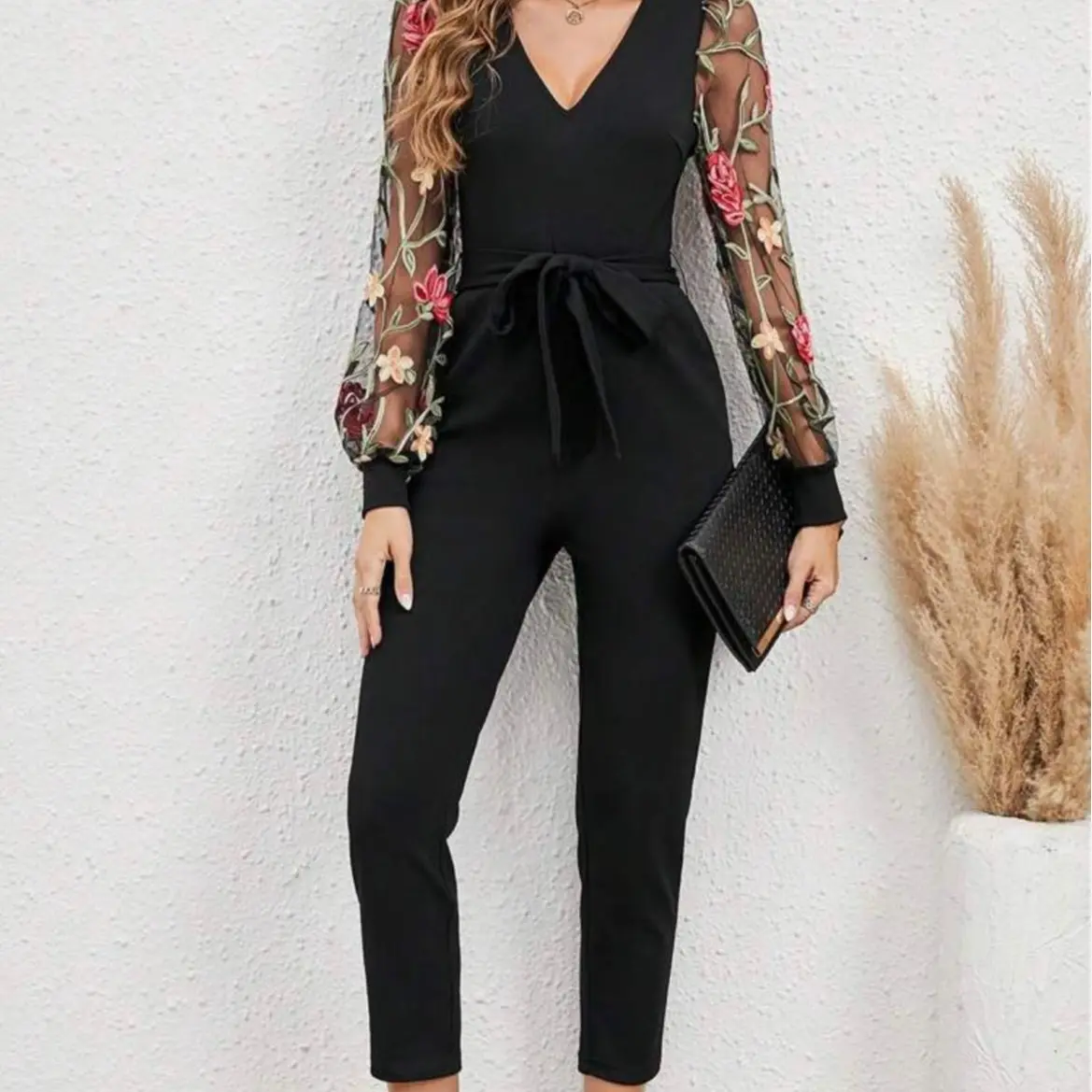 EMERY ROSE Floral Embroidery Mesh Sleeve Belted Jumpsuit