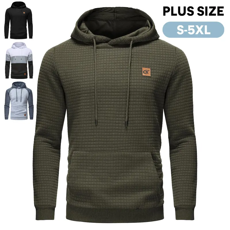 Men's Pullover Hoodies Plaid Jacquard Long Sleeve Drawstring Hipster Casual Hooded Sweatshirts with Kanga Pockets Large Size Casual Drawstring Hoody Top Fashion Athletic Hoodies Breathable Menswear【S-5XL】