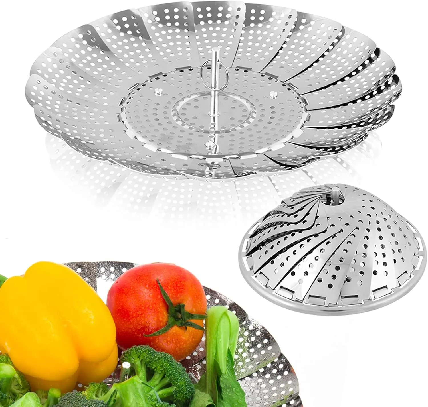 Expandable Stainless Steel Vegetable Steamer Basket, Folding Steamer Insert for Pots, Adjustable 5.5 to 9.2 Inch for Vegetables, Dumplings and Everyday Cooking
