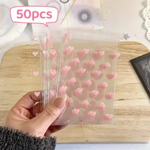 50 Sweet Simple Heart Self-Sealing Bags, Card Packaging Essential, Gift Wrapping Supplies, Transparent Adhesive Bags for Small Cards and Hair Clips, Resealable Packaging, Individual Packaging