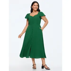 BloomChic Maxi Dress for Women's Plus Size, Cap Sleeve Solid Polyester Casual Wear with Sweetheart Neckline, Smocked Detail, and Side Pocket. Fit Womenswear