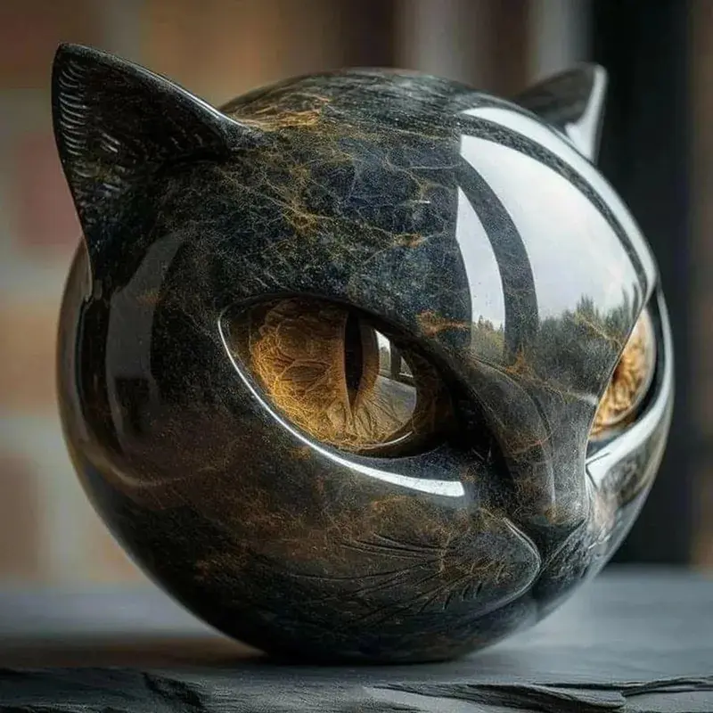 Black Cat Resin Sculpture - Decorative Marble-Patterned Cat Head Healing Stone, Cute Modern Halloween Gift, Popular TikTok Office Desk Home Decor Souvenir
