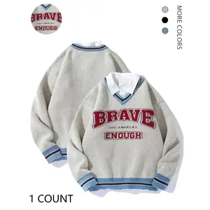 Men’s 2-in-1 off-shoulder sweater with letter print, a casual and comfortable pullover featuring a loose fit, striped trim, long sleeves, and buttons—suitable for spring and autumn. Fashionable men’s knitwear ideal for everyday wear. GARMENTARY