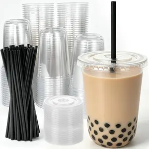 100 Pack 16oz Heavy‑Duty Disposable Boba Tea Cups with Lids & Straws, Food‑Grade Thick Clear PET Plastic Iced Coffee Cups, Bulk Takeaway Drinking Cups for Café, Restaurant, Commercial Use Fruit Household